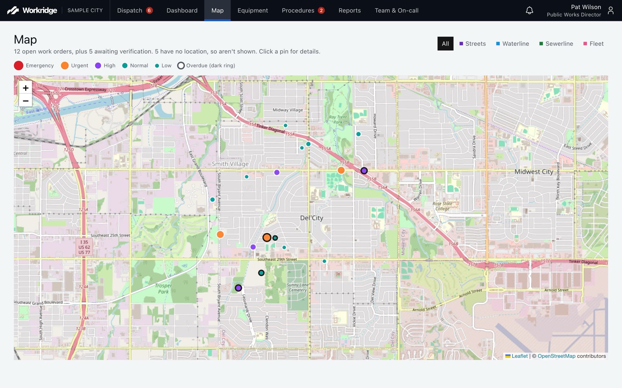 The Workridge map: open work orders as colored pins by priority